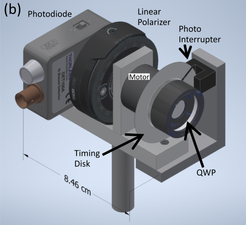 Image of the construction of the polarimeter. On a half-inch post is a rectangular platform. Atop the platform is a photodiode, a polarizer in a rotation mount, a hollow-axle motor holding a quarter wave plate.